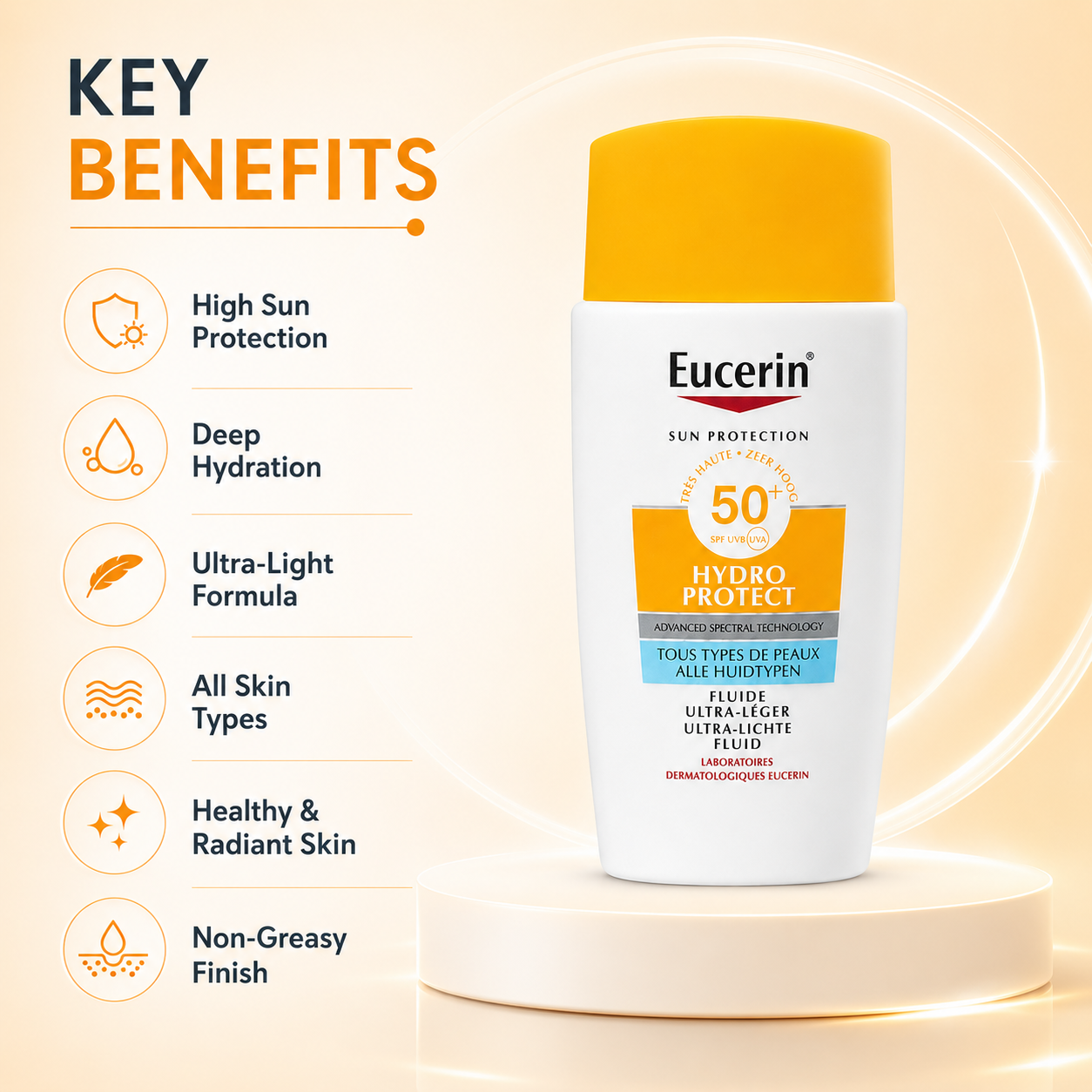 Eucerin Sun Protection Hydro Protect Fluide Ultra-Léger SPF 50+ 50ml ultra-light face sunscreen with daily hydration and broad spectrum UV protection.