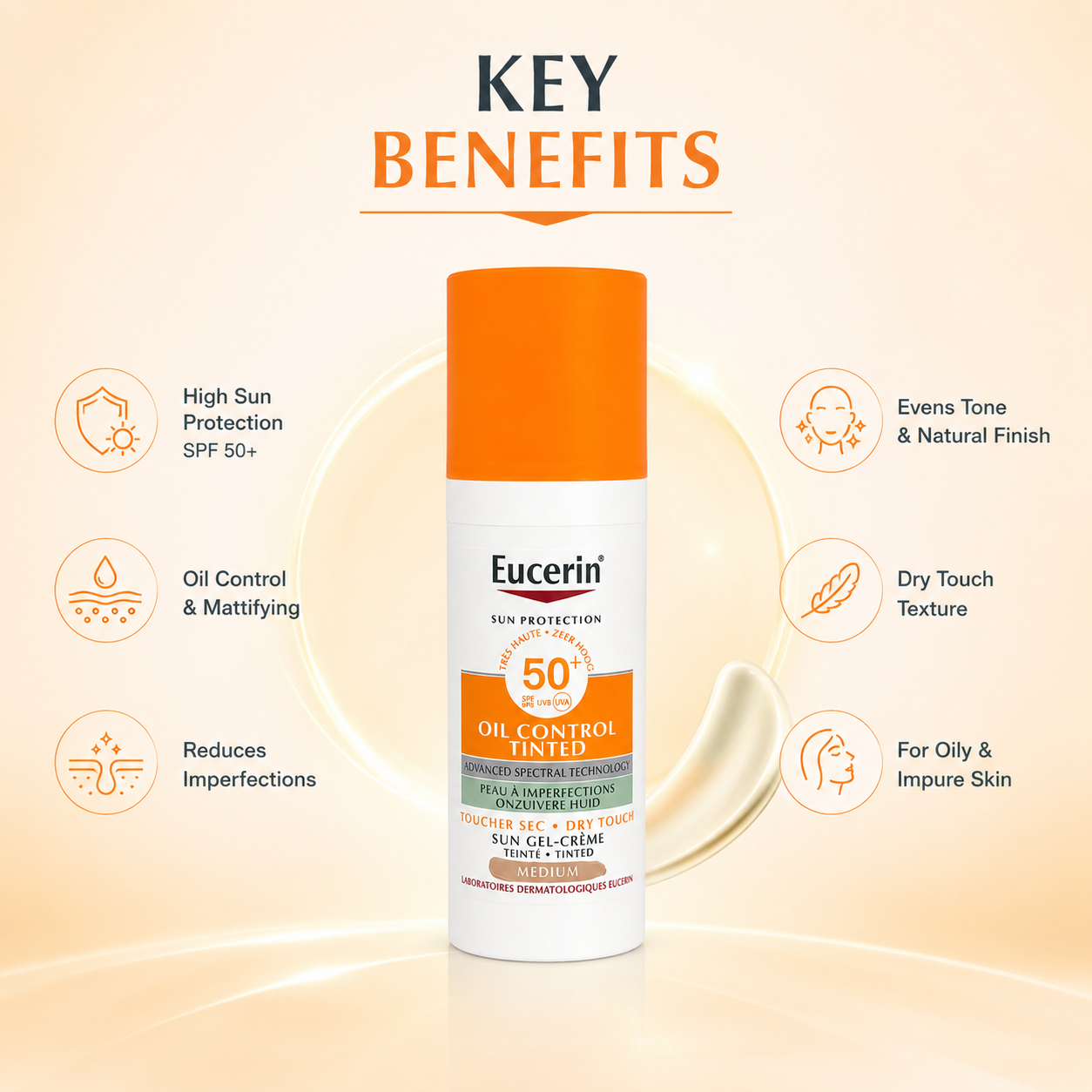 Eucerin Oil Control Tinted Dry Touch Sunscreen SPF 50+ Medium 50ml tinted sunscreen with matte finish and oil control for oily skin.
