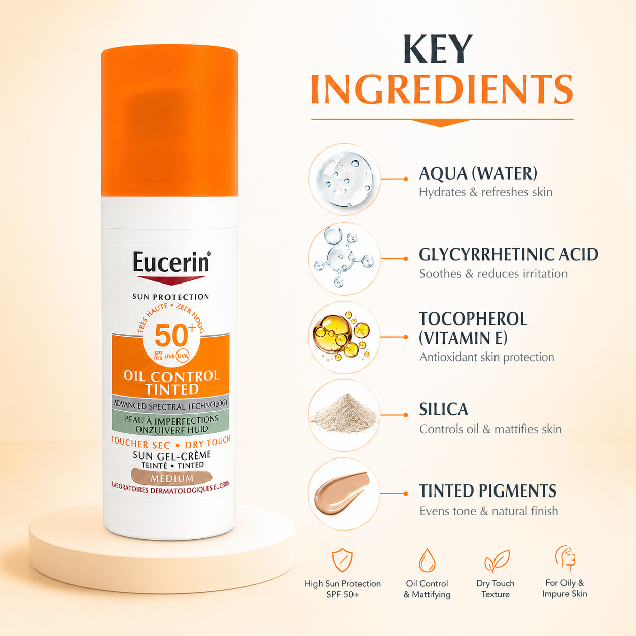 Eucerin Oil Control Tinted Dry Touch Sunscreen SPF 50+ Medium 50ml tinted sunscreen with matte finish and oil control for oily skin.