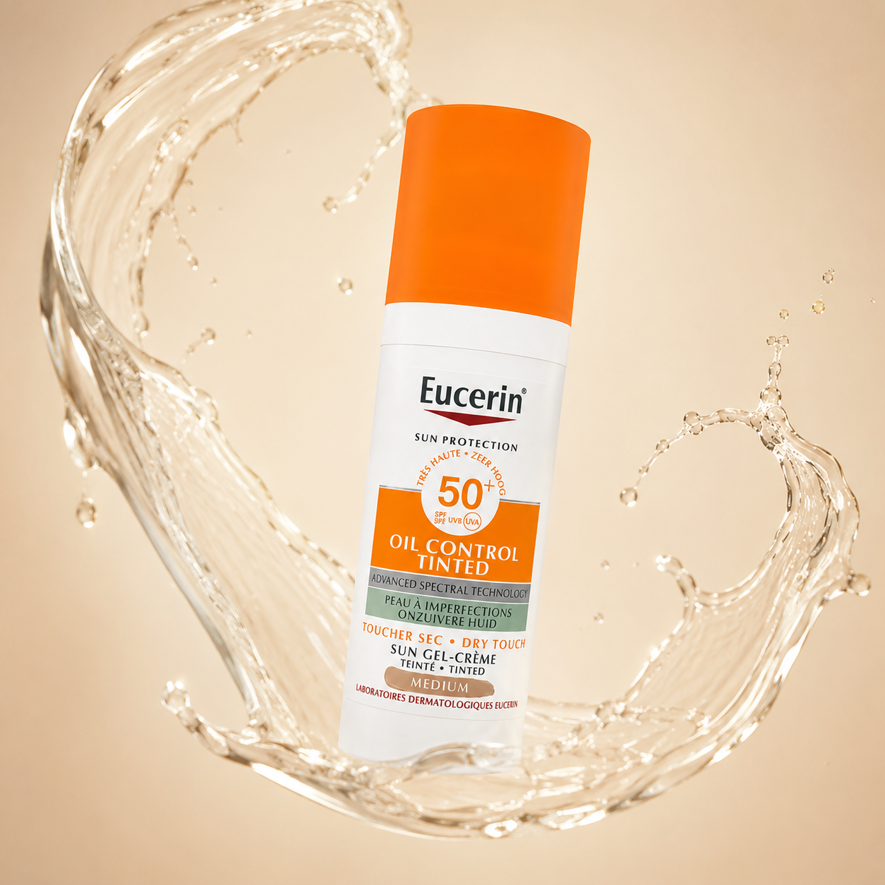 Eucerin Oil Control Tinted Dry Touch Sunscreen SPF 50+ Medium 50ml tinted sunscreen with matte finish and oil control for oily skin.