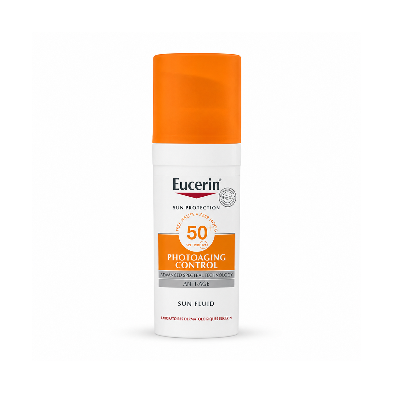 Eucerin Photoaging Control SPF 50+ Sun Fluid 50ml anti-aging facial sunscreen with broad-spectrum UVA/UVB protection and hydration.