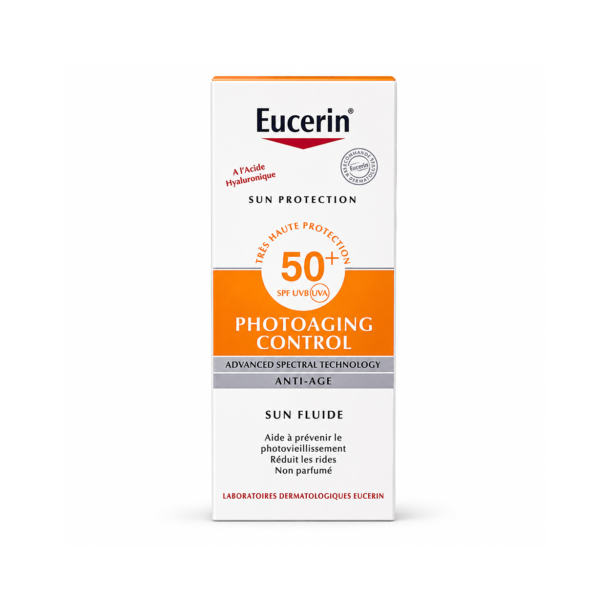 Eucerin Photoaging Control SPF 50+ Sun Fluid 50ml anti-aging facial sunscreen with broad-spectrum UVA/UVB protection and hydration.