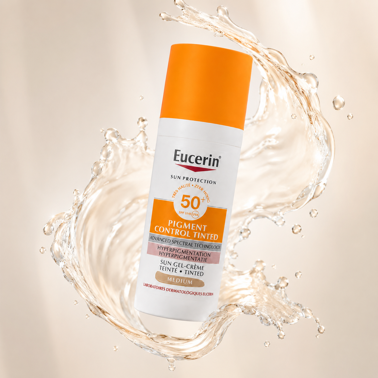 Eucerin Sun Protection Pigment Control Tinted SPF50+ Medium tinted sunscreen for hyperpigmentation with high UVA/UVB protection.