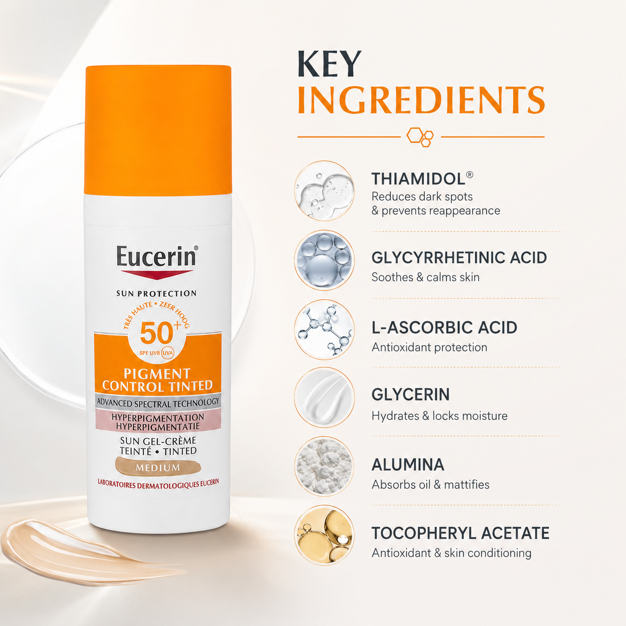Eucerin Sun Protection Pigment Control Tinted SPF50+ Medium tinted sunscreen for hyperpigmentation with high UVA/UVB protection.