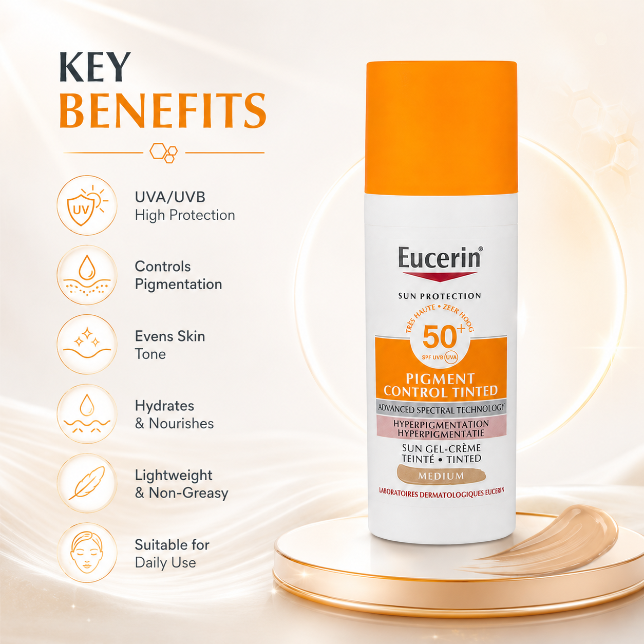 Eucerin Sun Protection Pigment Control Tinted SPF50+ Medium tinted sunscreen for hyperpigmentation with high UVA/UVB protection.