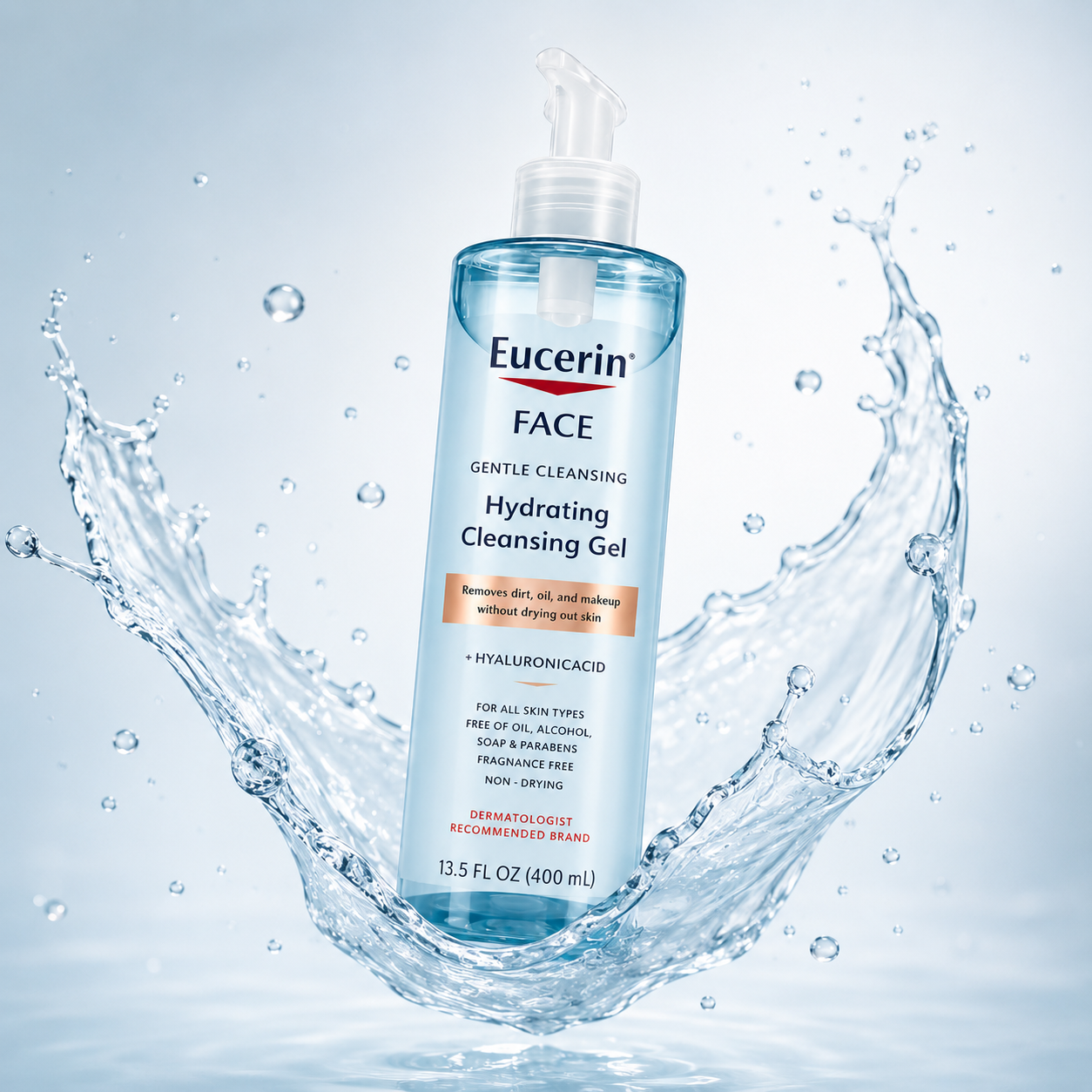 Eucerin Face Gentle Cleansing Hydrating Cleansing Gel 400ml facial cleanser bottle that gently removes dirt, oil and makeup while hydrating skin.