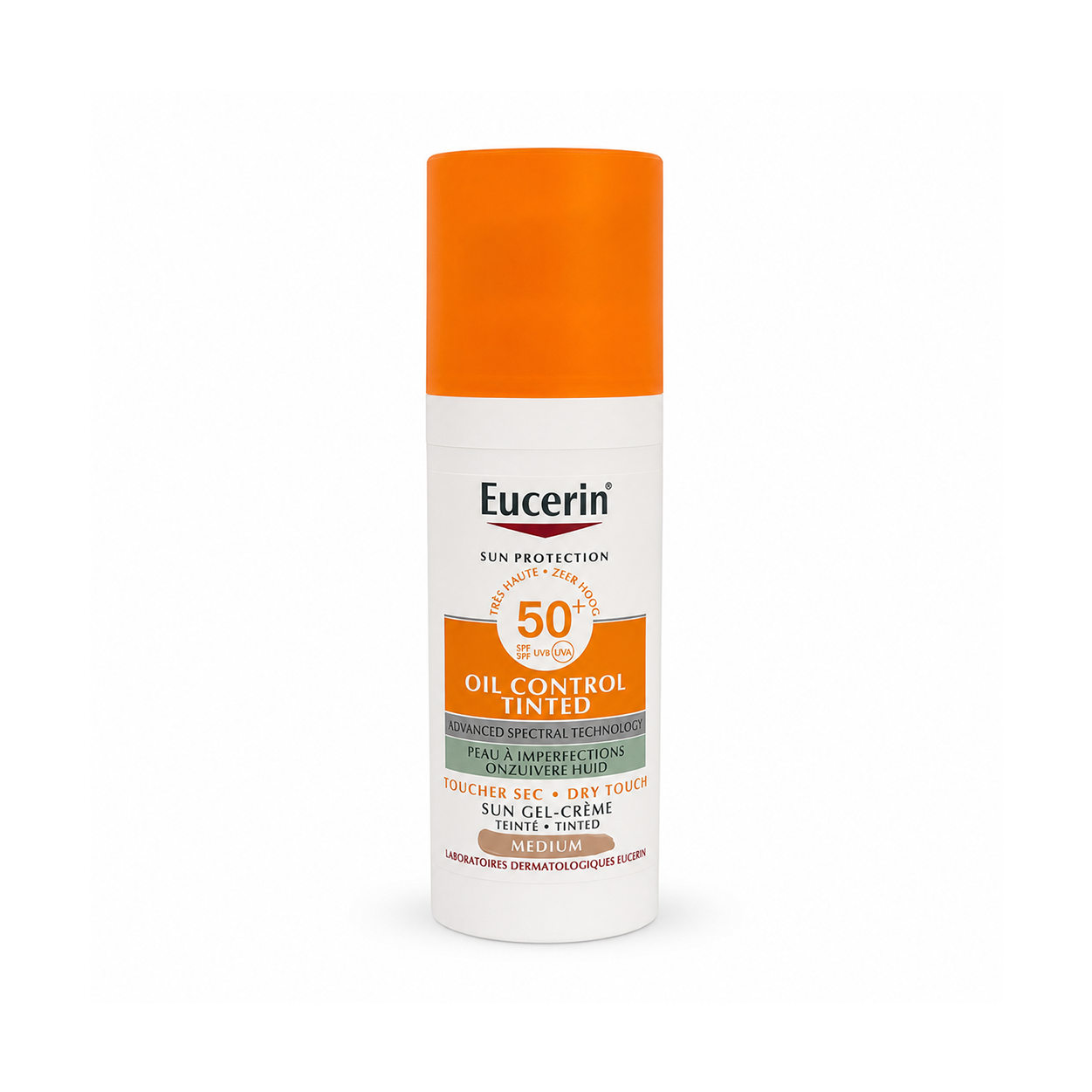 Eucerin Oil Control Tinted Dry Touch Sunscreen SPF 50+ Medium 50ml tinted sunscreen with matte finish and oil control for oily skin.