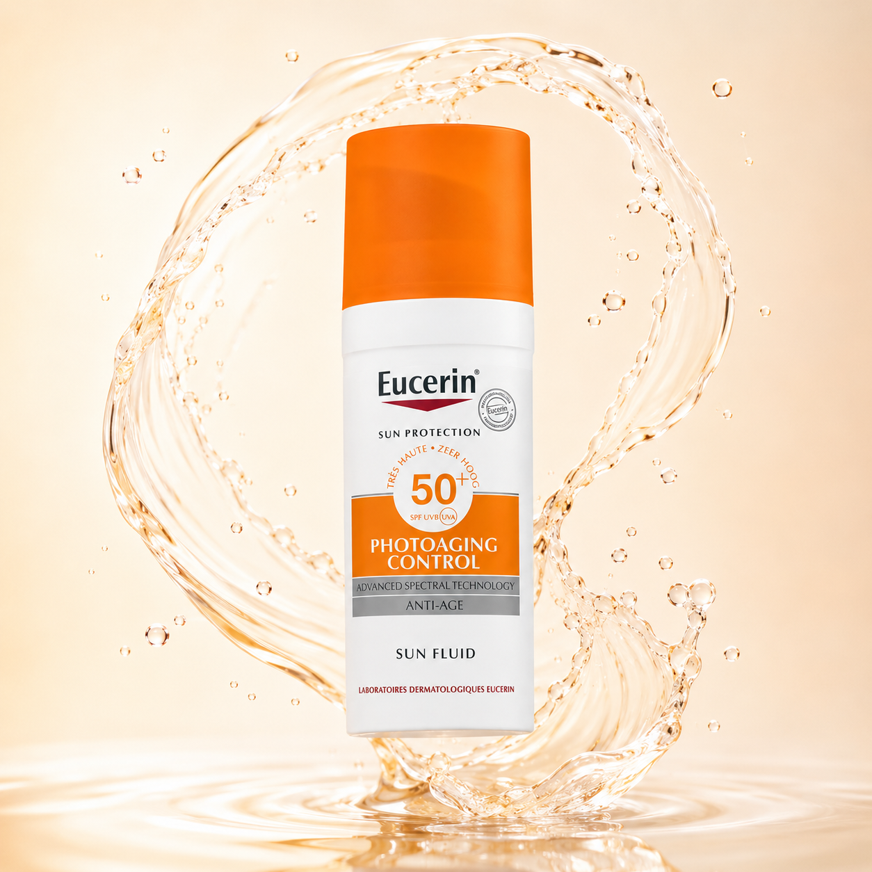 Eucerin Photoaging Control SPF 50+ Sun Fluid 50ml anti-aging facial sunscreen with broad-spectrum UVA/UVB protection and hydration.