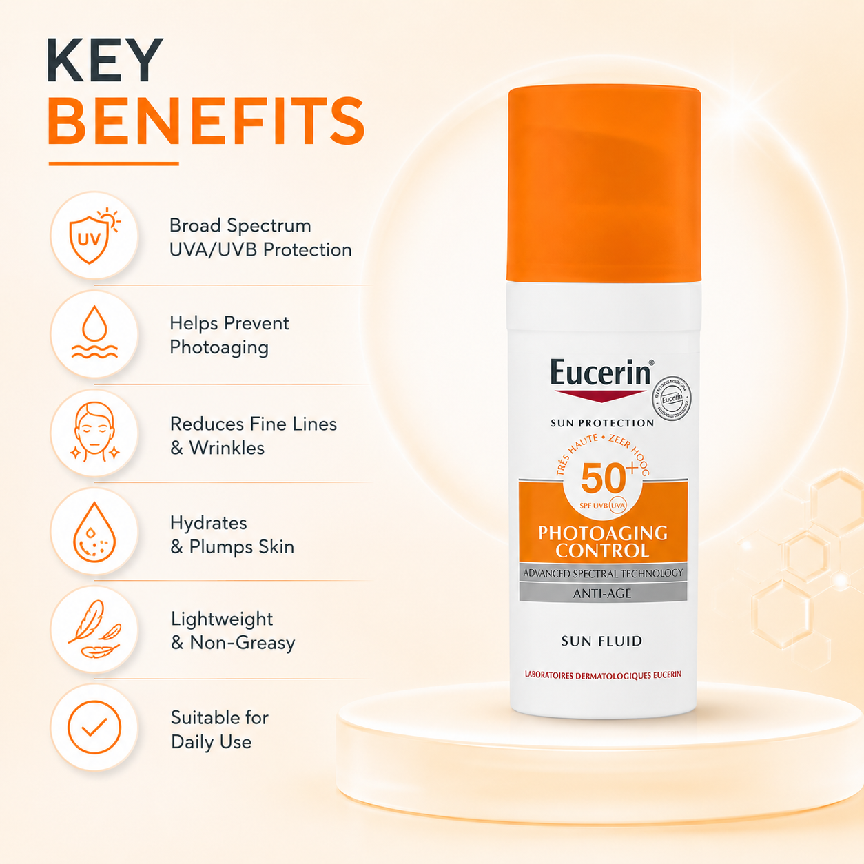 Eucerin Photoaging Control SPF 50+ Sun Fluid 50ml anti-aging facial sunscreen with broad-spectrum UVA/UVB protection and hydration.