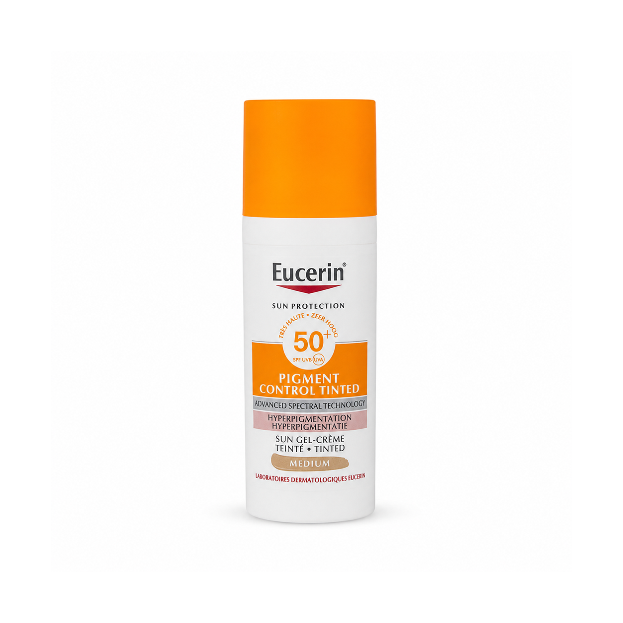 Eucerin Sun Protection Pigment Control Tinted SPF50+ Medium tinted sunscreen for hyperpigmentation with high UVA/UVB protection.