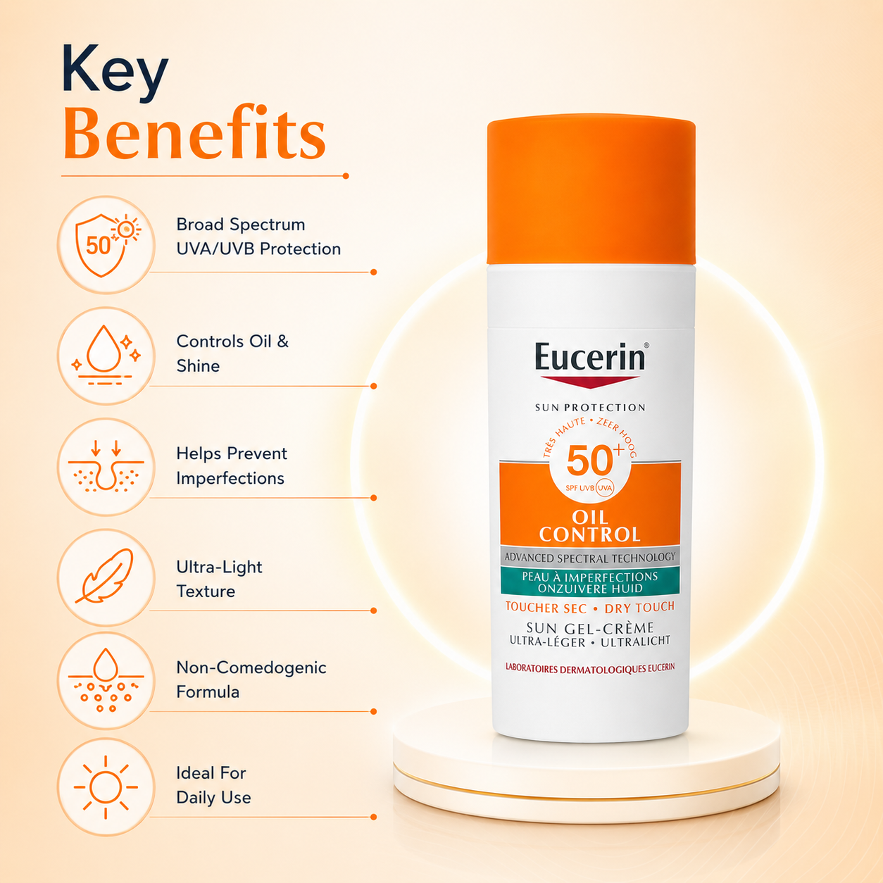 Eucerin Sun Protection Oil Control Dry Touch Sun Gel-Crème SPF50+ sunscreen 50ml for oily acne-prone skin with shine control and UV protection.