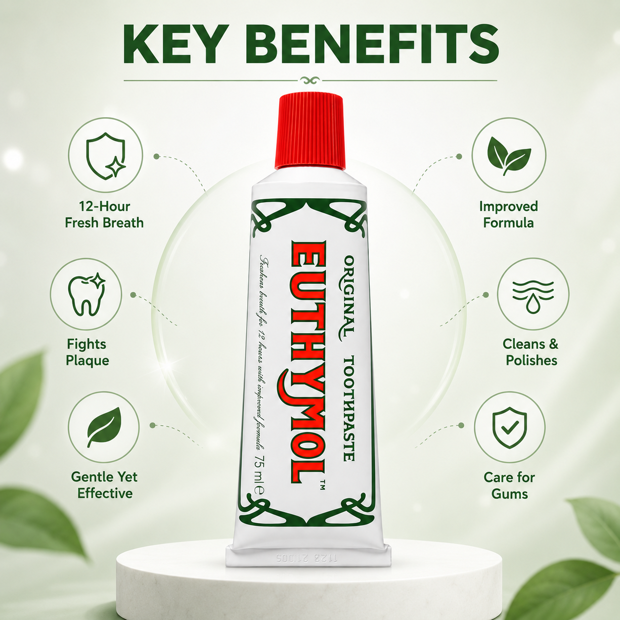 Euthymol Original Toothpaste 75ml fluoride-free toothpaste for long-lasting fresh breath and daily plaque removal care
