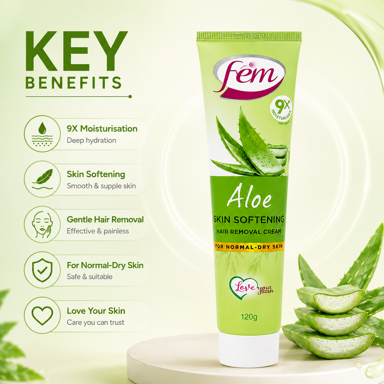 Fem Aloe Skin Softening Hair Removal Cream For Normal-Dry Skin 120g, aloe hair remover for softer-feeling skin
