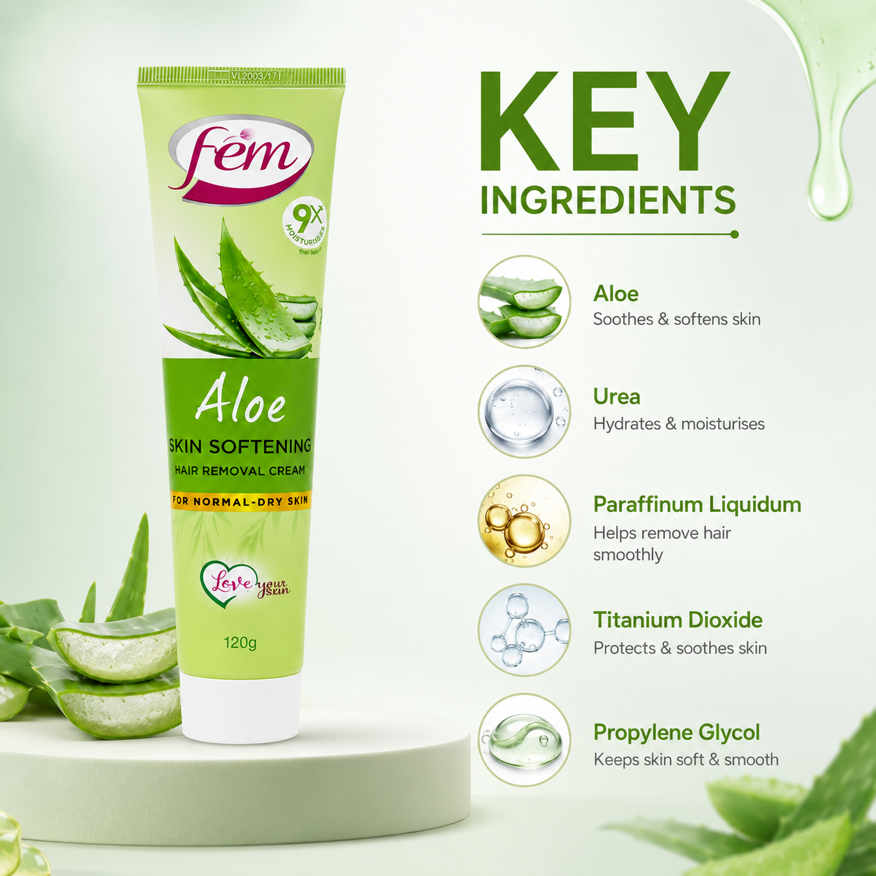 Fem Aloe Skin Softening Hair Removal Cream For Normal-Dry Skin 120g, aloe hair remover for softer-feeling skin