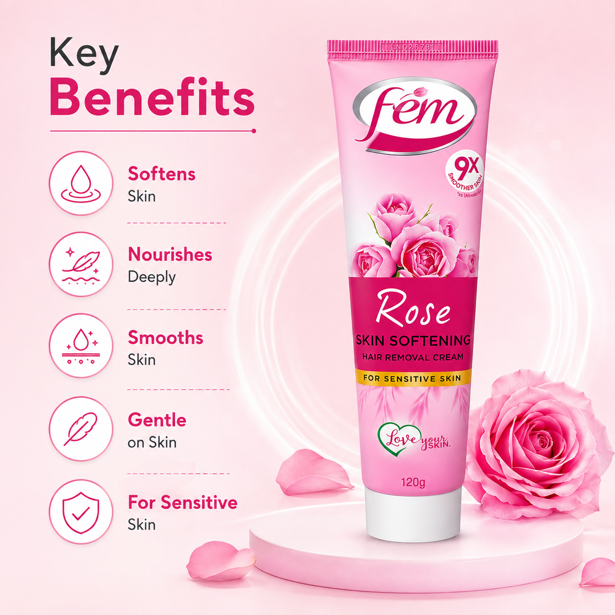 Fem Rose Skin Softening Hair Removal Cream For Sensitive Skin 120g, hair removal cream for softer, smoother-feeling skin