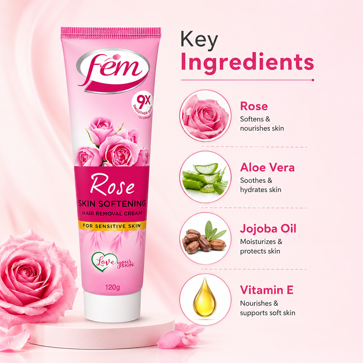 Fem Rose Skin Softening Hair Removal Cream For Sensitive Skin 120g, hair removal cream for softer, smoother-feeling skin