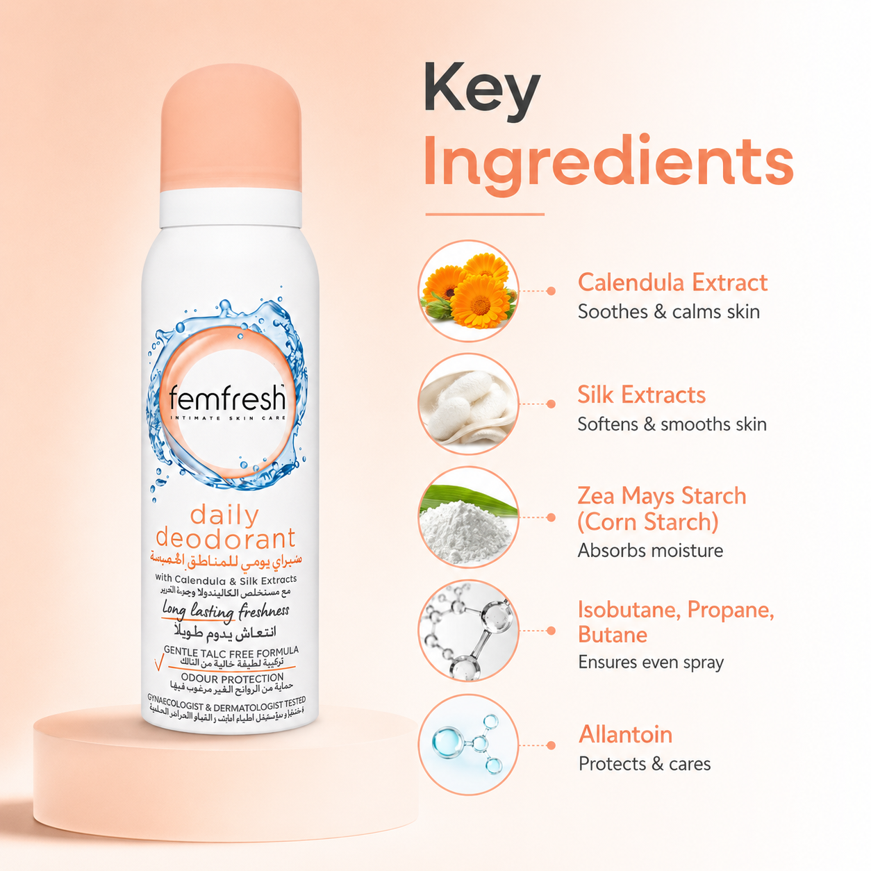 Femfresh Daily Deodorant Intimate Skin Care Spray 125ml with calendula and silk extracts for long-lasting freshness and odour protection.