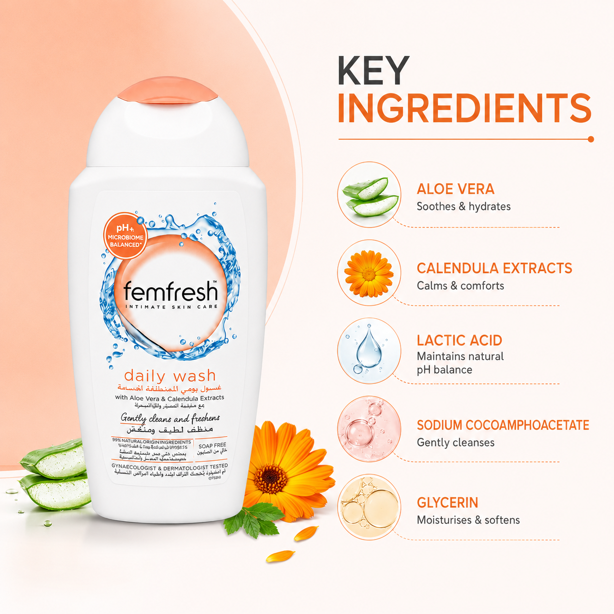 Femfresh Daily Wash With Aloe Vera & Calendula Extracts 250ml feminine intimate wash for gentle cleansing and pH balance maintenance.