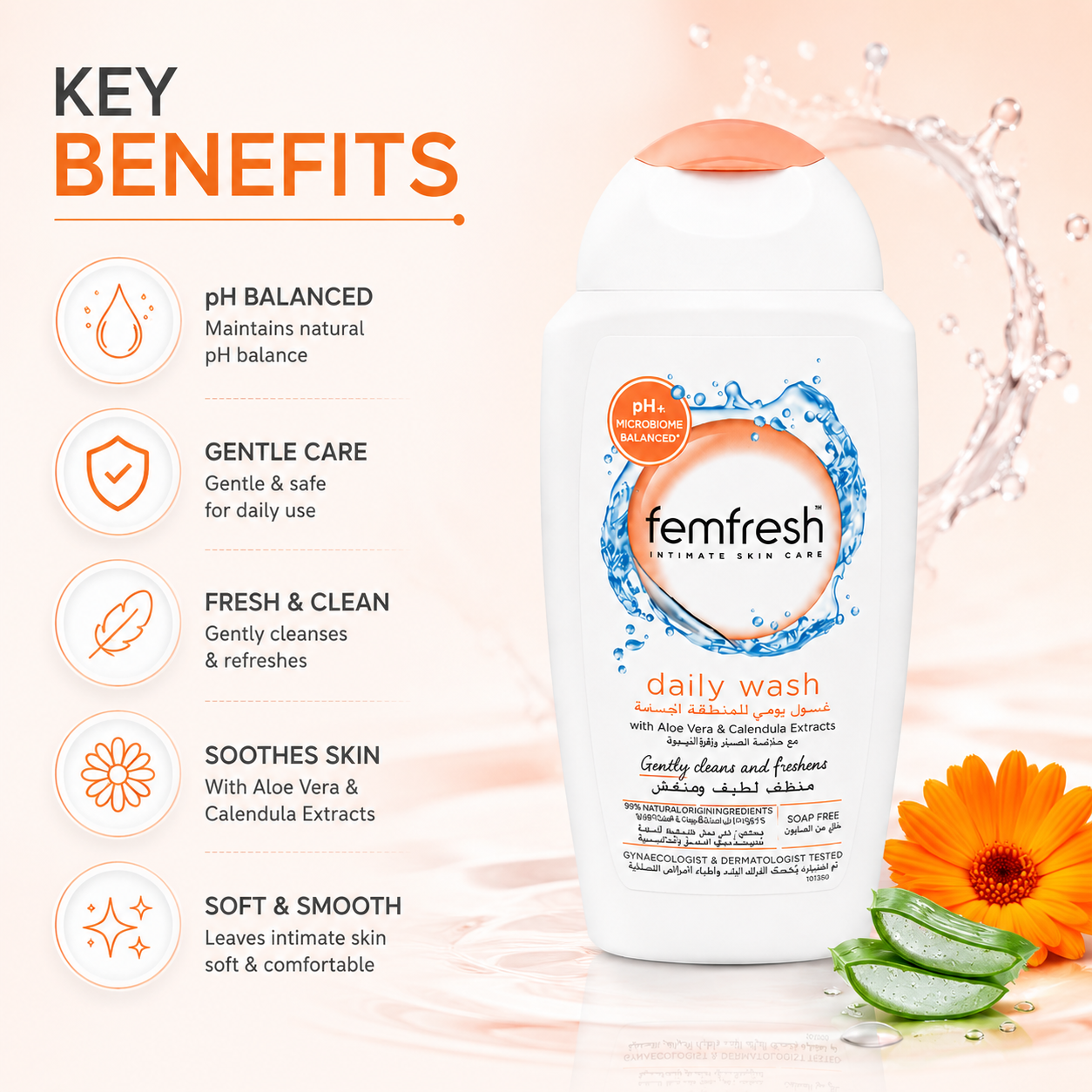Femfresh Daily Wash With Aloe Vera & Calendula Extracts 250ml feminine intimate wash for gentle cleansing and pH balance maintenance.