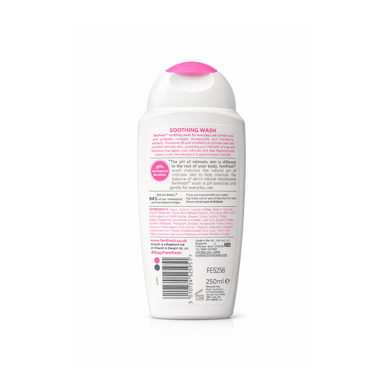 Femfresh Soothing Intimate Wash 250ml bottle, gentle pH balanced feminine hygiene wash for soothing and daily intimate care