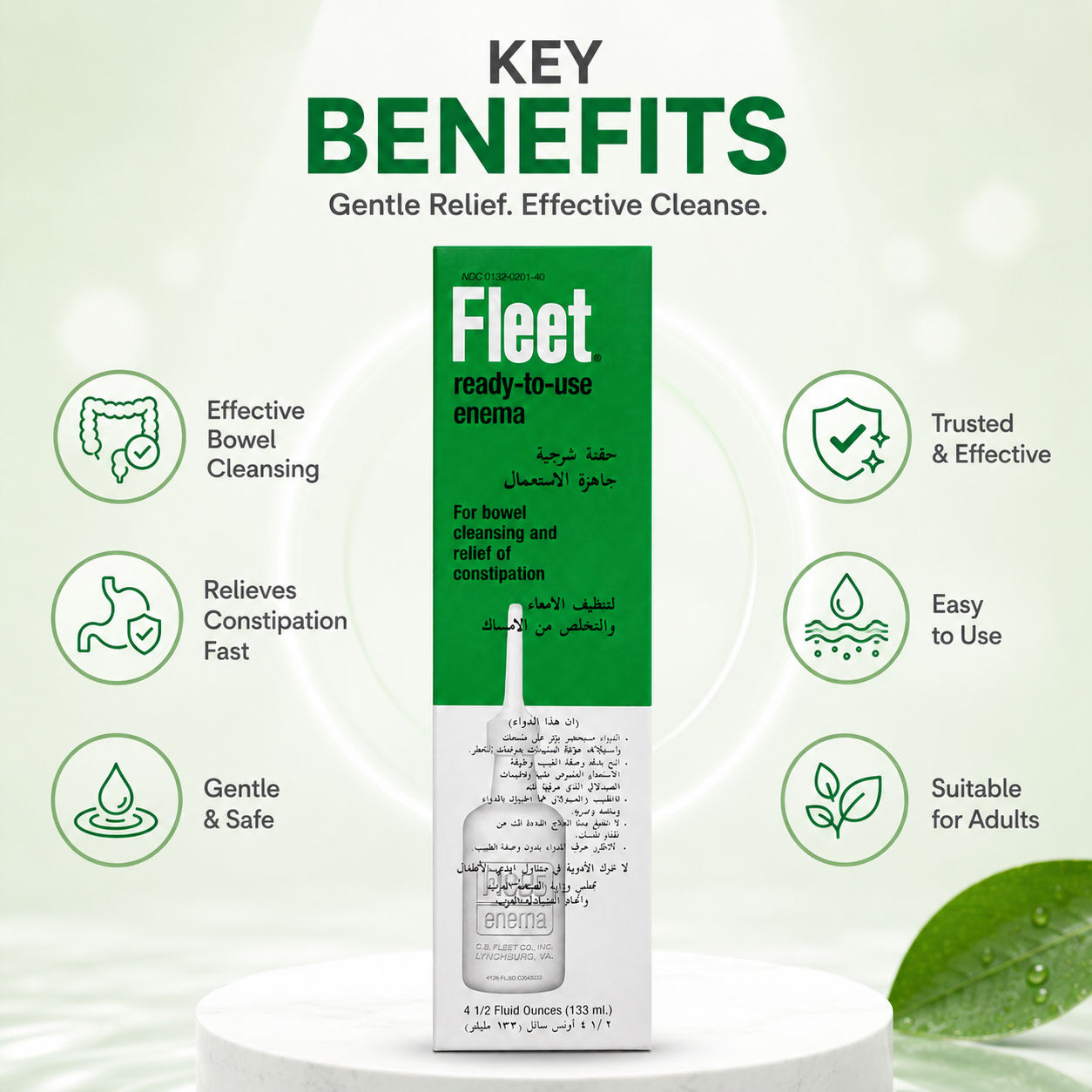 Fleet Ready-To-Use Enema 133ml ready-to-use rectal enema for fast constipation relief and effective lower bowel cleansing.
