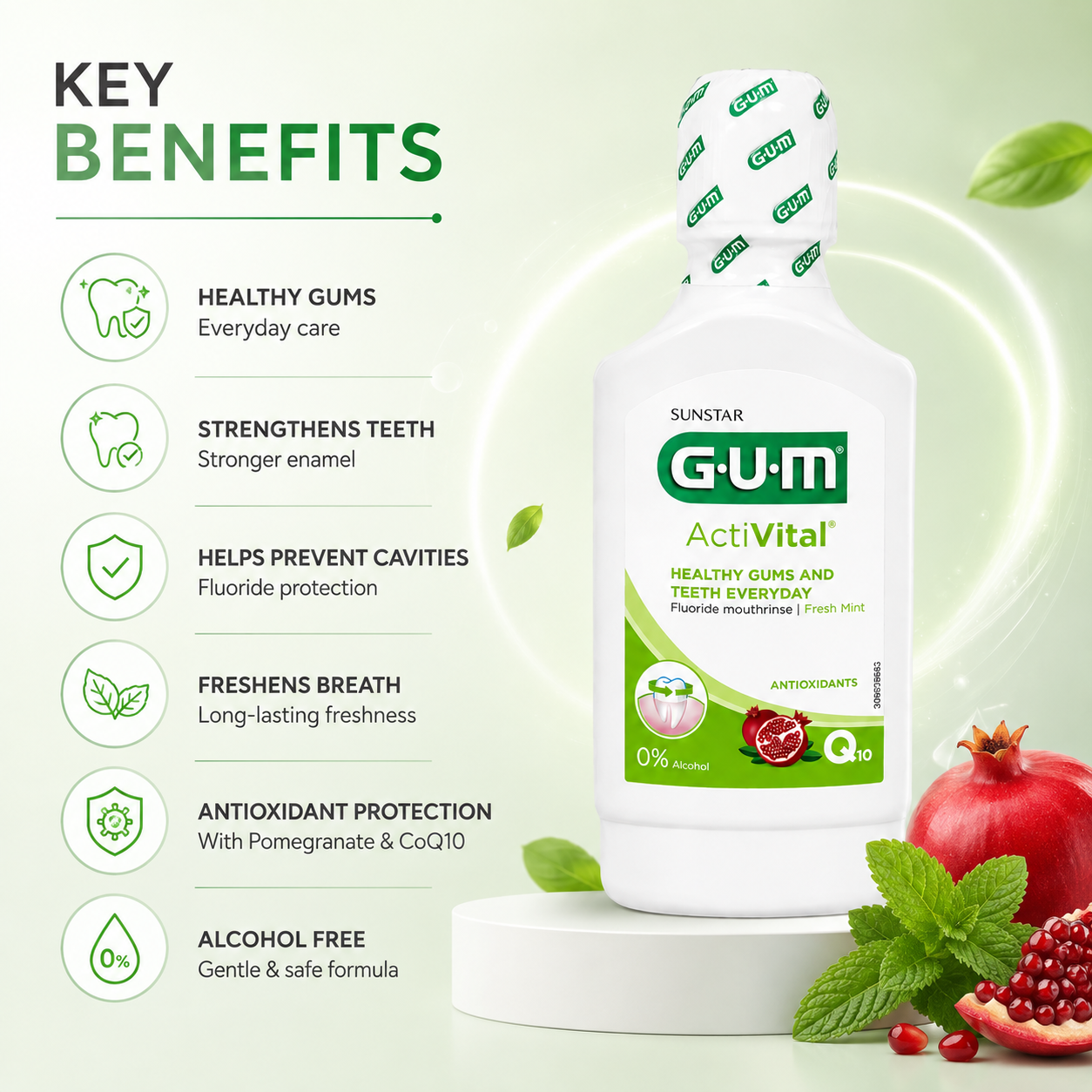GUM ActiVital Fluoride Mouthrinse Fresh Mint 300ml for daily gum care, plaque control and enamel protection