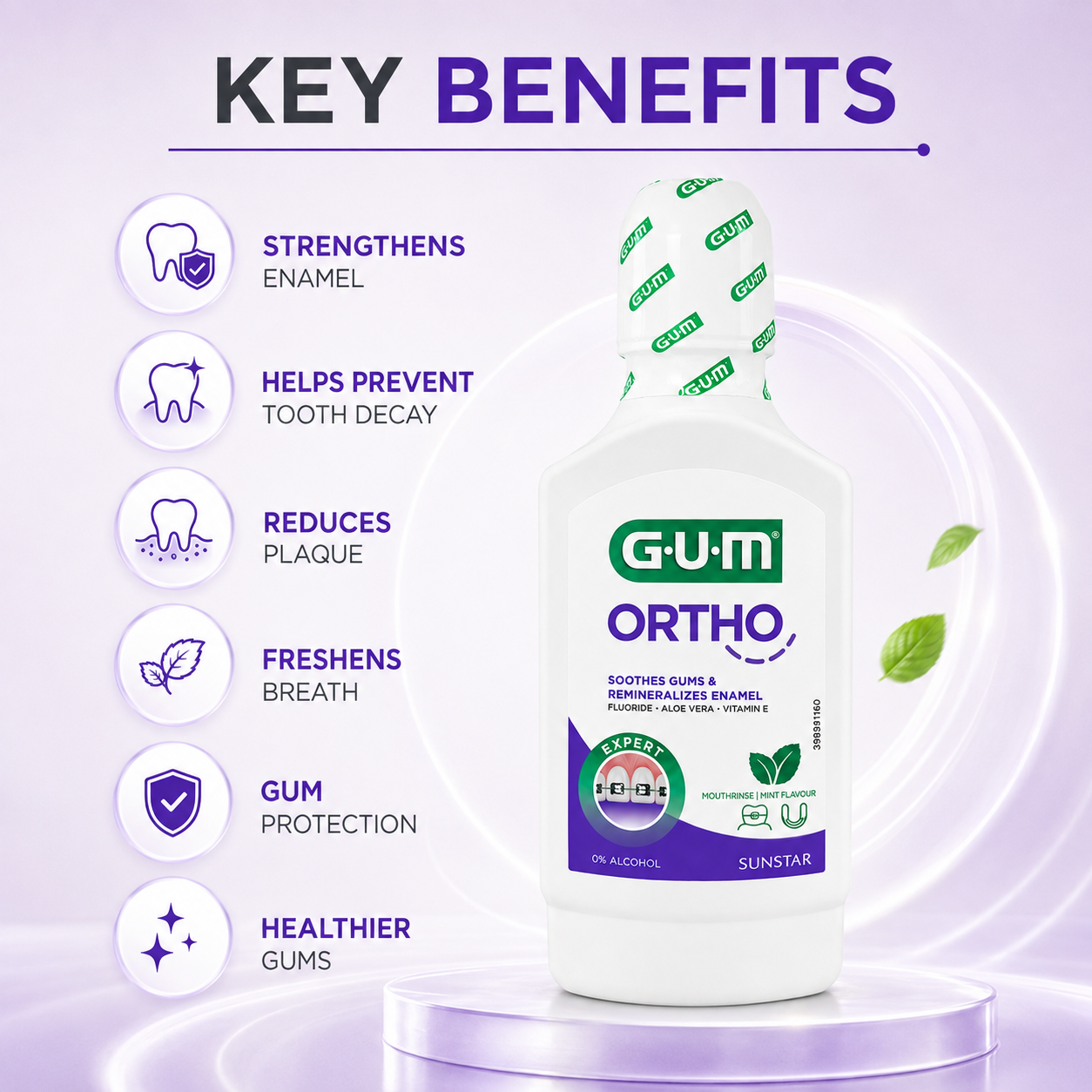 GUM ORTHO Mouthrinse 300ml alcohol-free orthodontic mouthwash for braces with enamel and gum protection