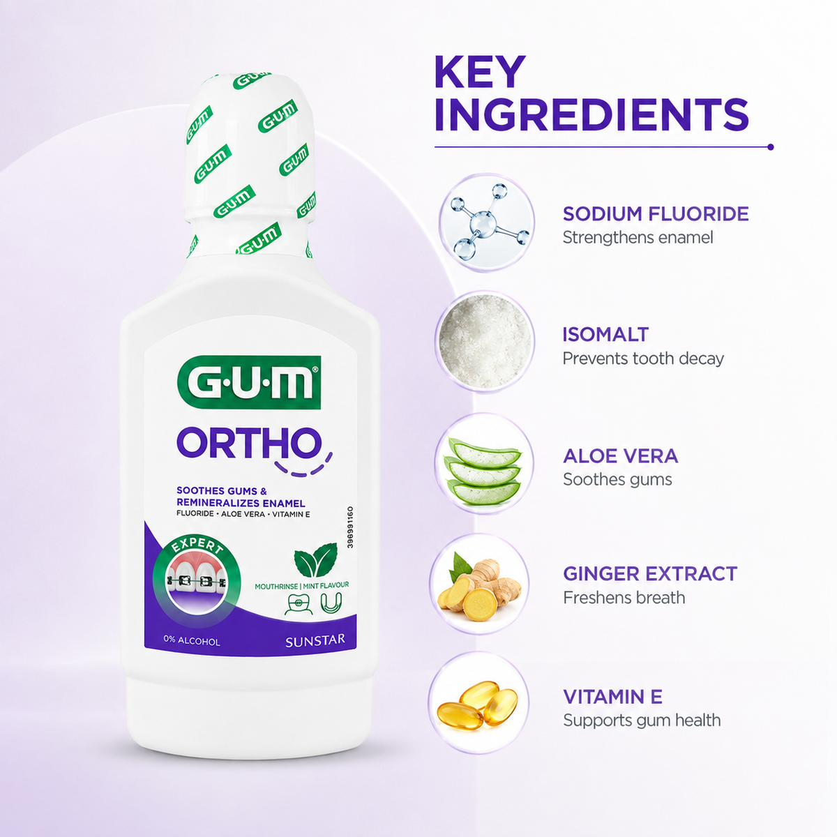 GUM ORTHO Mouthrinse 300ml alcohol-free orthodontic mouthwash for braces with enamel and gum protection