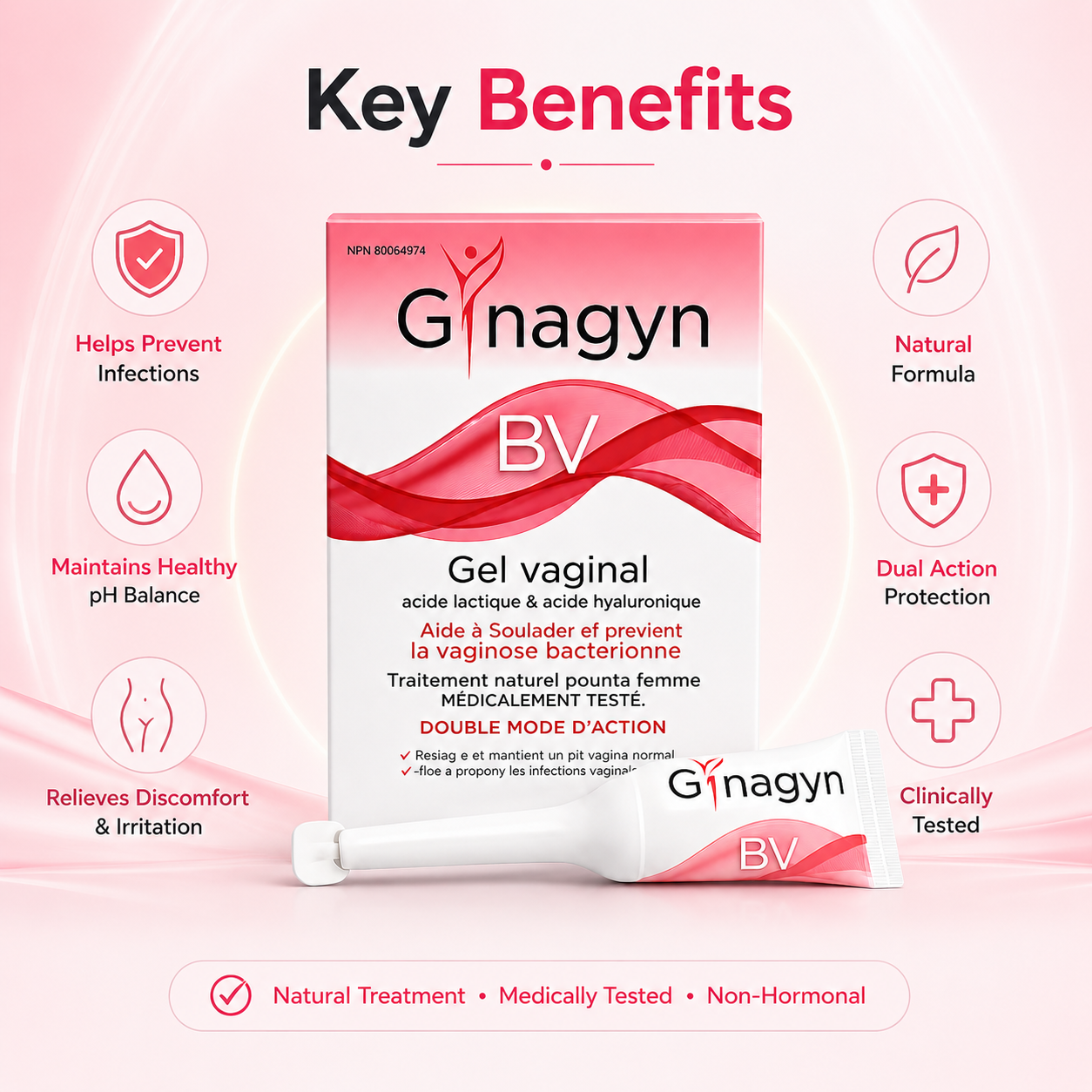 Ginagyn BV Gel Vaginal with lactic acid and hyaluronic acid vaginal gel designed to help restore healthy vaginal pH balance.