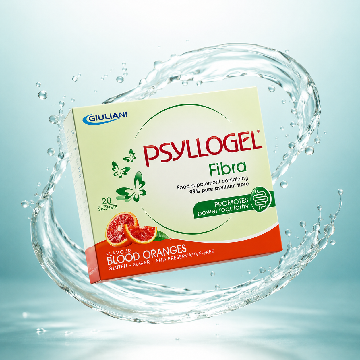 Giuliani PSYLLOGEL Fibra Blood Oranges 20 Sachets fiber supplement with 99% psyllium fibre for bowel regularity and digestive support.