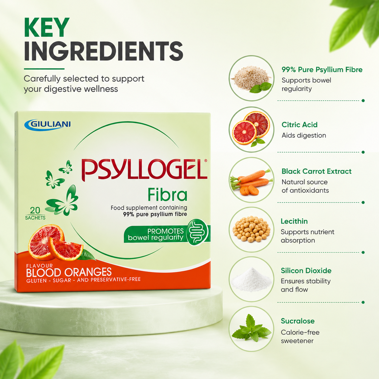Giuliani PSYLLOGEL Fibra Blood Oranges 20 Sachets fiber supplement with 99% psyllium fibre for bowel regularity and digestive support.