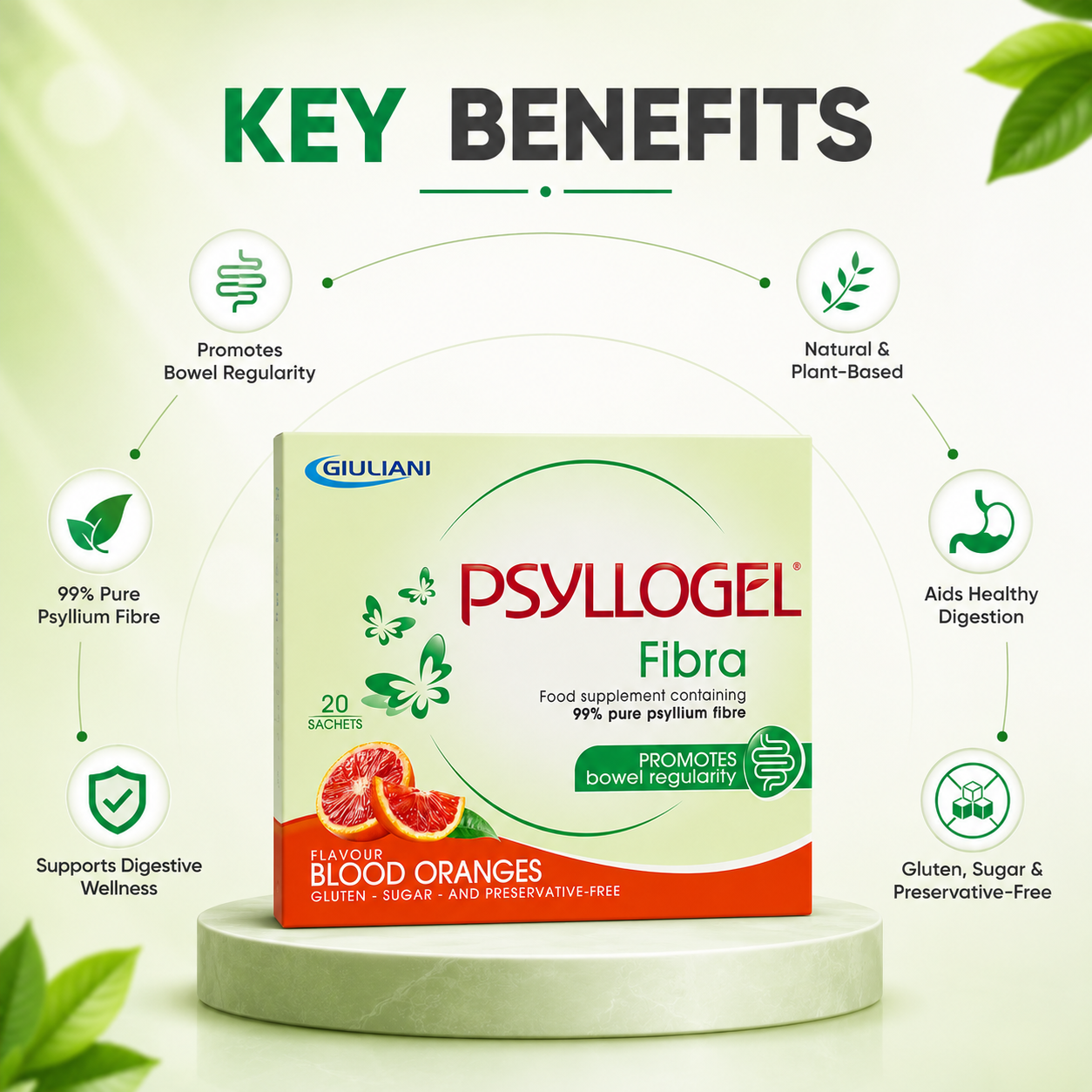 Giuliani PSYLLOGEL Fibra Blood Oranges 20 Sachets fiber supplement with 99% psyllium fibre for bowel regularity and digestive support.