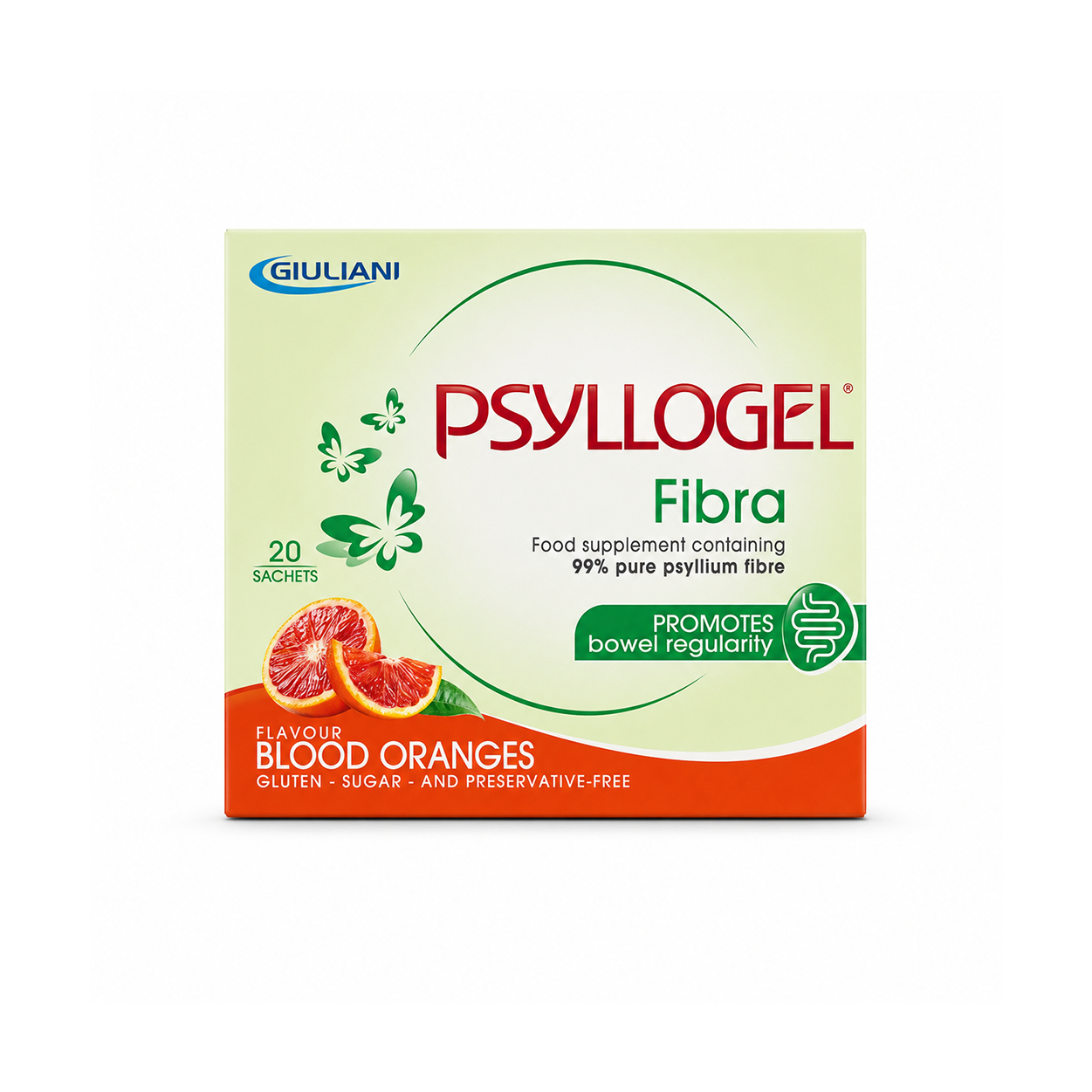 Giuliani PSYLLOGEL Fibra Blood Oranges 20 Sachets fiber supplement with 99% psyllium fibre for bowel regularity and digestive support.