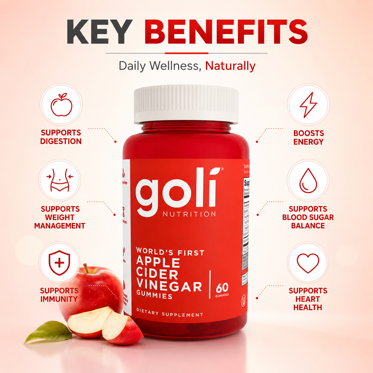 Goli Nutrition World's First Apple Cider Vinegar Gummies 60 Gummies dietary supplement supporting digestion and metabolism