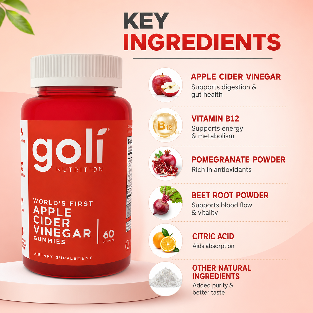 Goli Nutrition World's First Apple Cider Vinegar Gummies 60 Gummies dietary supplement supporting digestion and metabolism