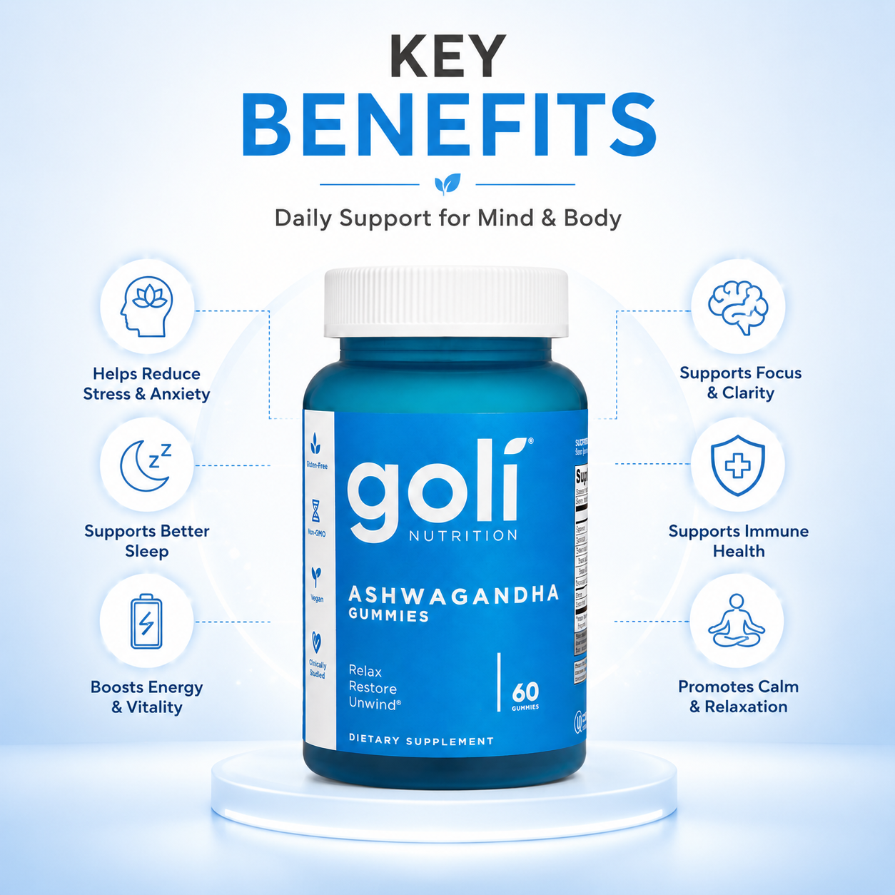 Goli Nutrition Ashwagandha Gummies dietary supplement 60 gummies bottle supporting daily stress relief and relaxation