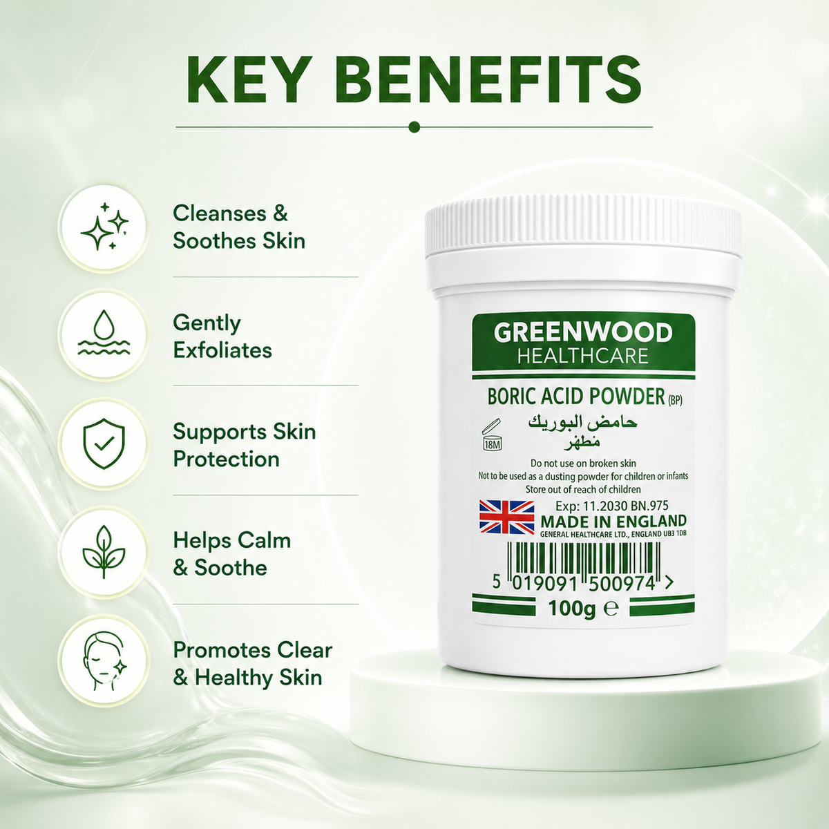 Greenwood Healthcare Boric Acid Powder (BP) 100g, dry external-use powder for convenient first-aid care