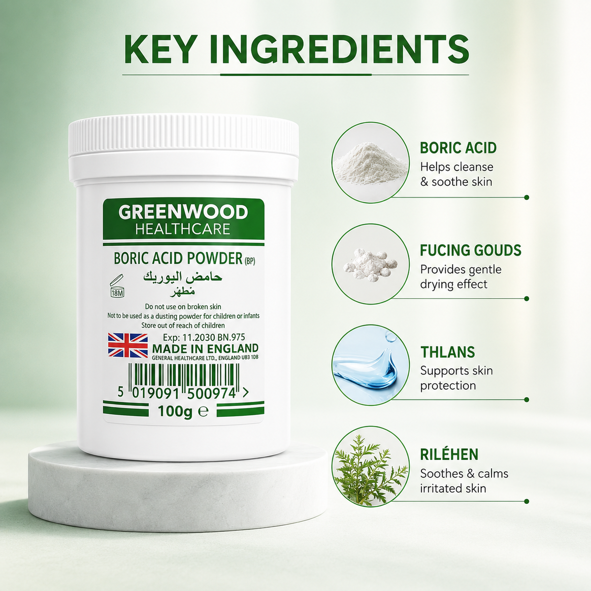 Greenwood Healthcare Boric Acid Powder (BP) 100g, dry external-use powder for convenient first-aid care