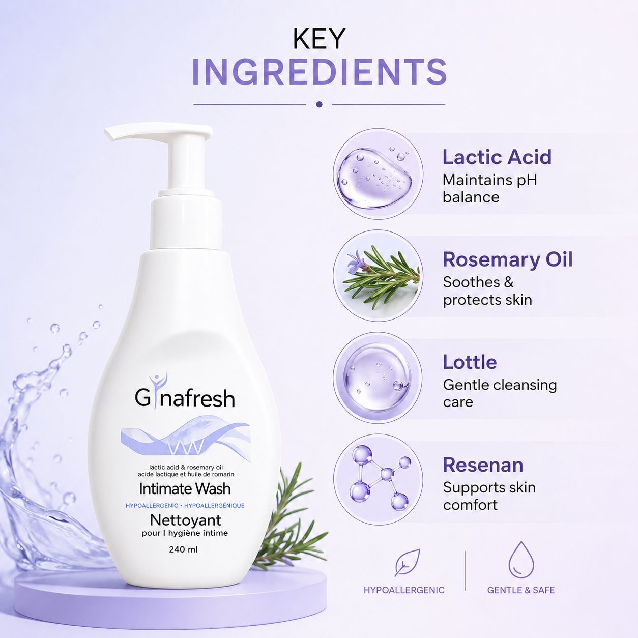 Gynafresh VW Intimate Wash for women, pH balanced feminine hygiene cleanser with lactic acid and rosemary oil for daily freshness, 240ml bottle.