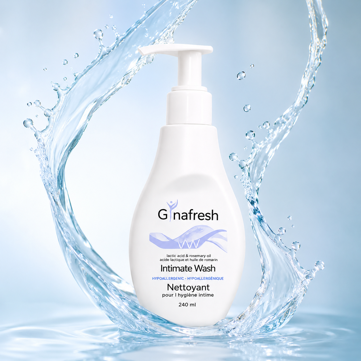 Gynafresh VW Intimate Wash for women, pH balanced feminine hygiene cleanser with lactic acid and rosemary oil for daily freshness, 240ml bottle.