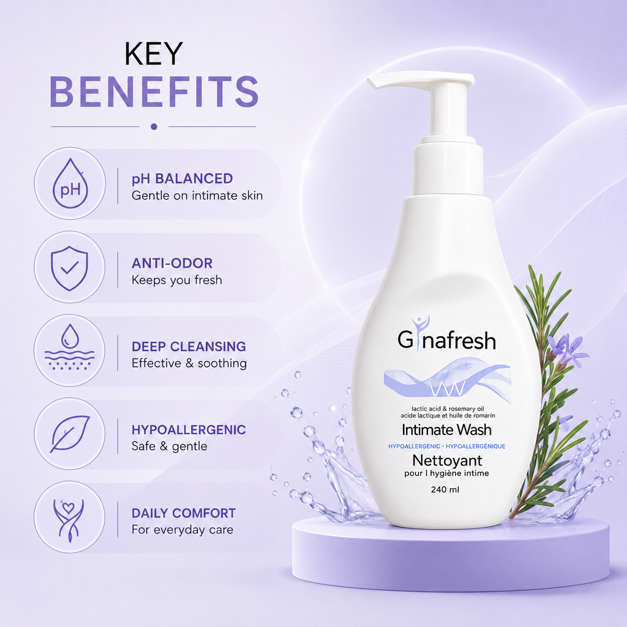 Gynafresh VW Intimate Wash for women, pH balanced feminine hygiene cleanser with lactic acid and rosemary oil for daily freshness, 240ml bottle.