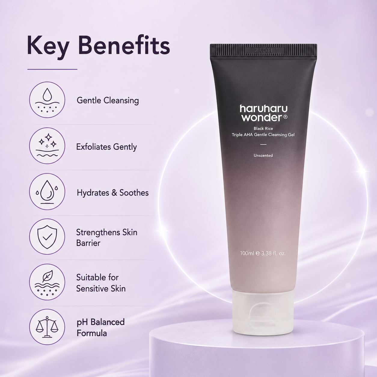 Haruharu Wonder Black Rice Triple AHA Gentle Cleansing Gel Unscented 100ml, gentle exfoliating facial cleanser