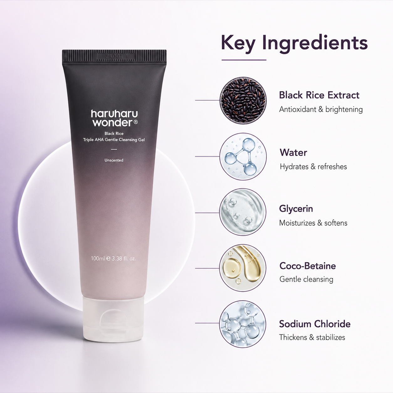 Haruharu Wonder Black Rice Triple AHA Gentle Cleansing Gel Unscented 100ml, gentle exfoliating facial cleanser