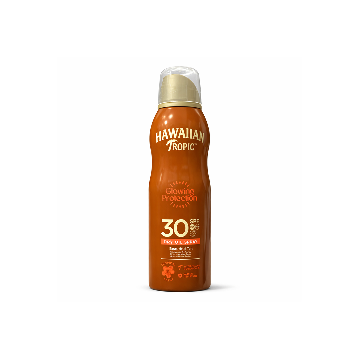Hawaiian Tropic Glowing Protection SPF 30 Dry Oil Spray 180ml sunscreen spray for lightweight UV protection and tanning glow