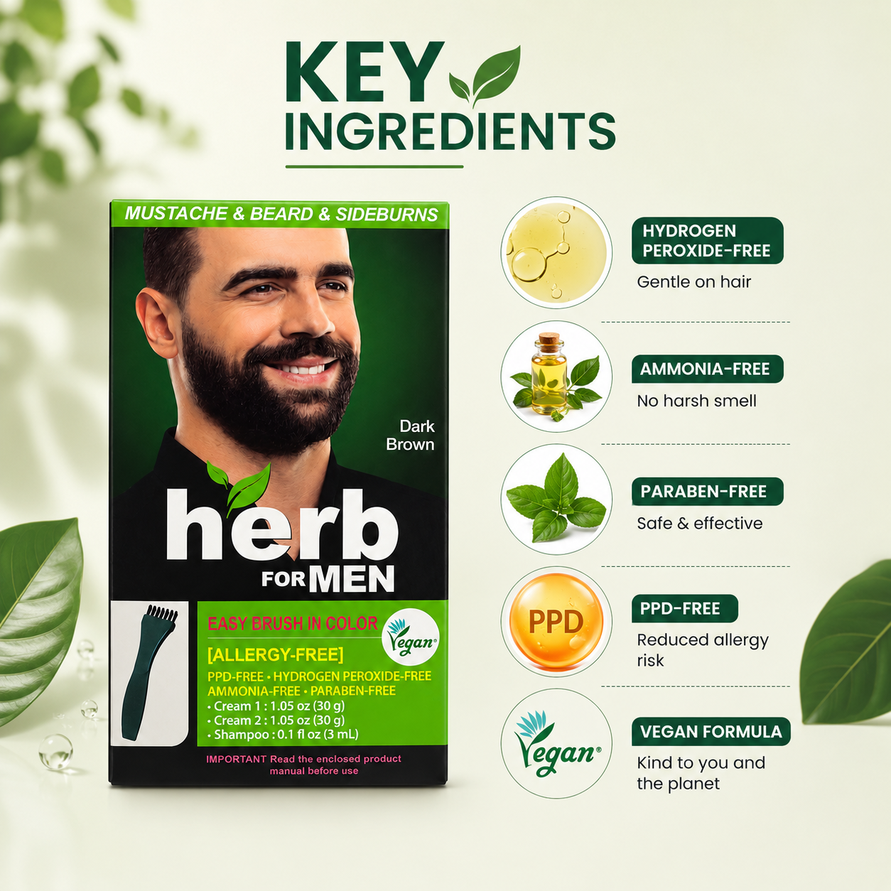 Herb For Men Easy Brush In Color Mustache, Beard & Sideburns Dark Brown beard color kit with gentle grey hair coverage, 30g x2 + 3mL shampoo.