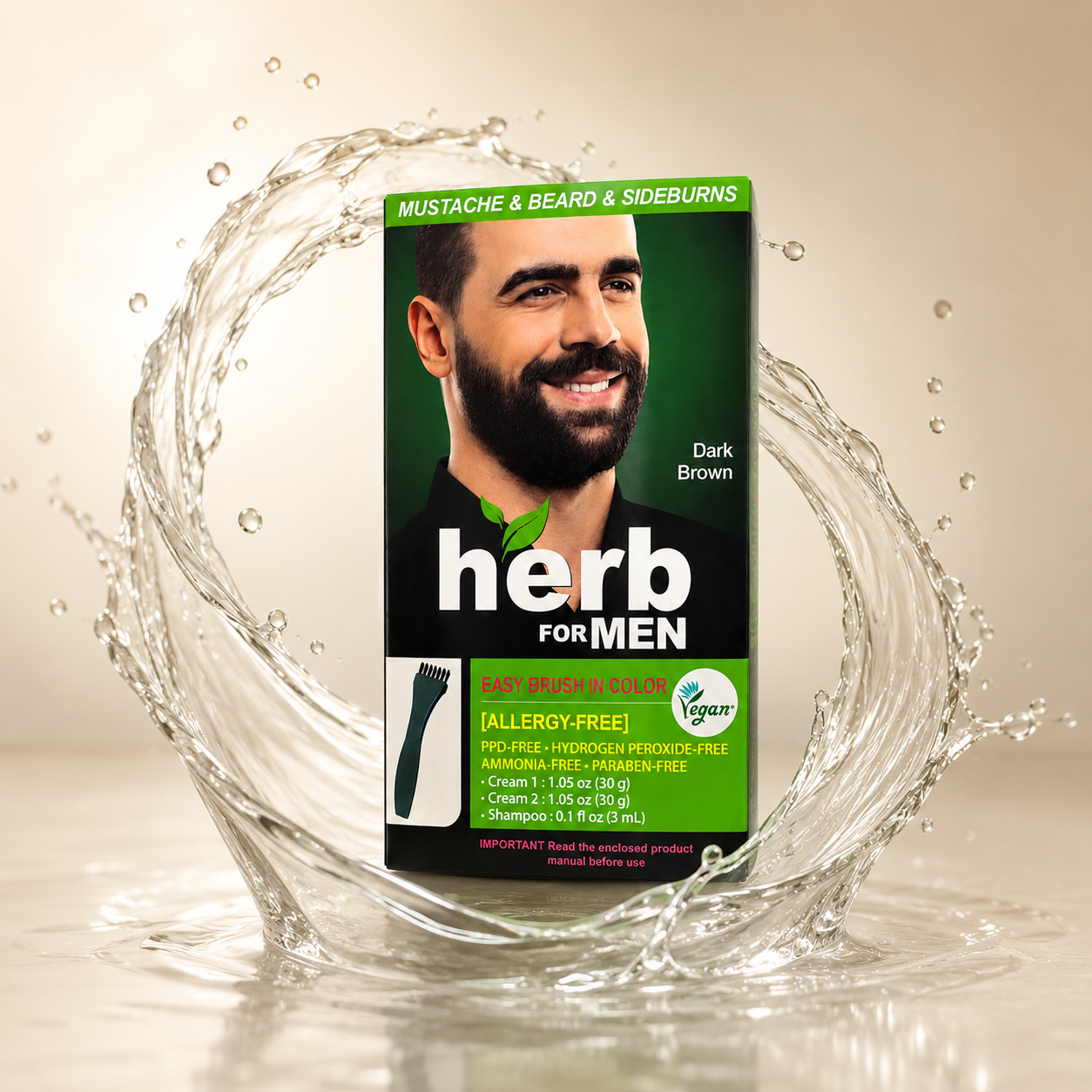Herb For Men Easy Brush In Color Mustache, Beard & Sideburns Dark Brown beard color kit with gentle grey hair coverage, 30g x2 + 3mL shampoo.