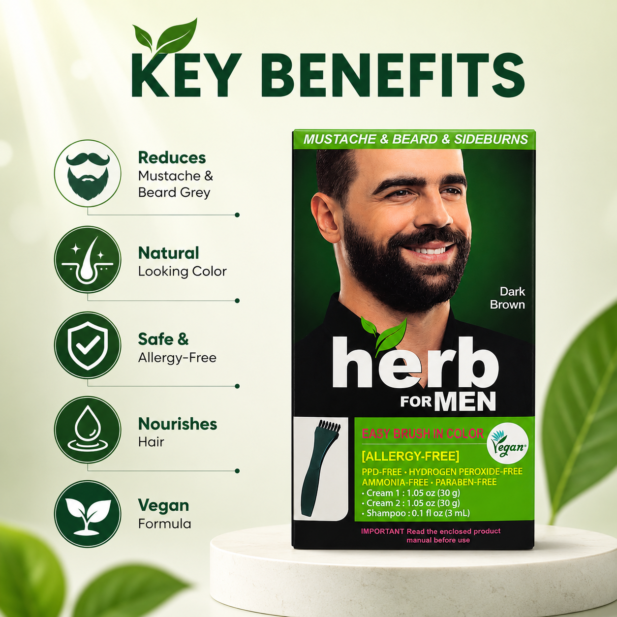 Herb For Men Easy Brush In Color Mustache, Beard & Sideburns Dark Brown beard color kit with gentle grey hair coverage, 30g x2 + 3mL shampoo.