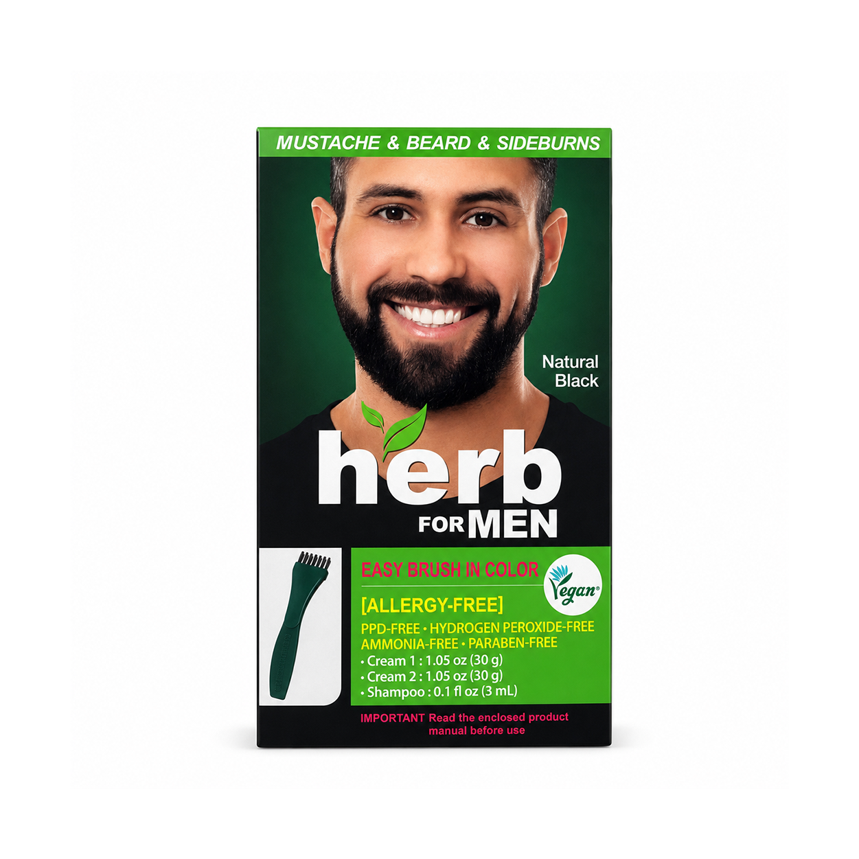 Herb For Men Easy Brush In Color Mustache & Beard & Sideburns Natural Black Beard Color Kit with natural grey hair coverage, 30g + 30g + 3mL.