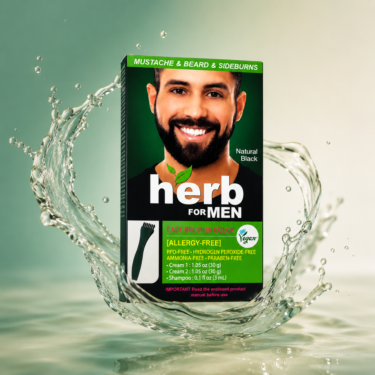 Herb For Men Easy Brush In Color Mustache & Beard & Sideburns Natural Black Beard Color Kit with natural grey hair coverage, 30g + 30g + 3mL.