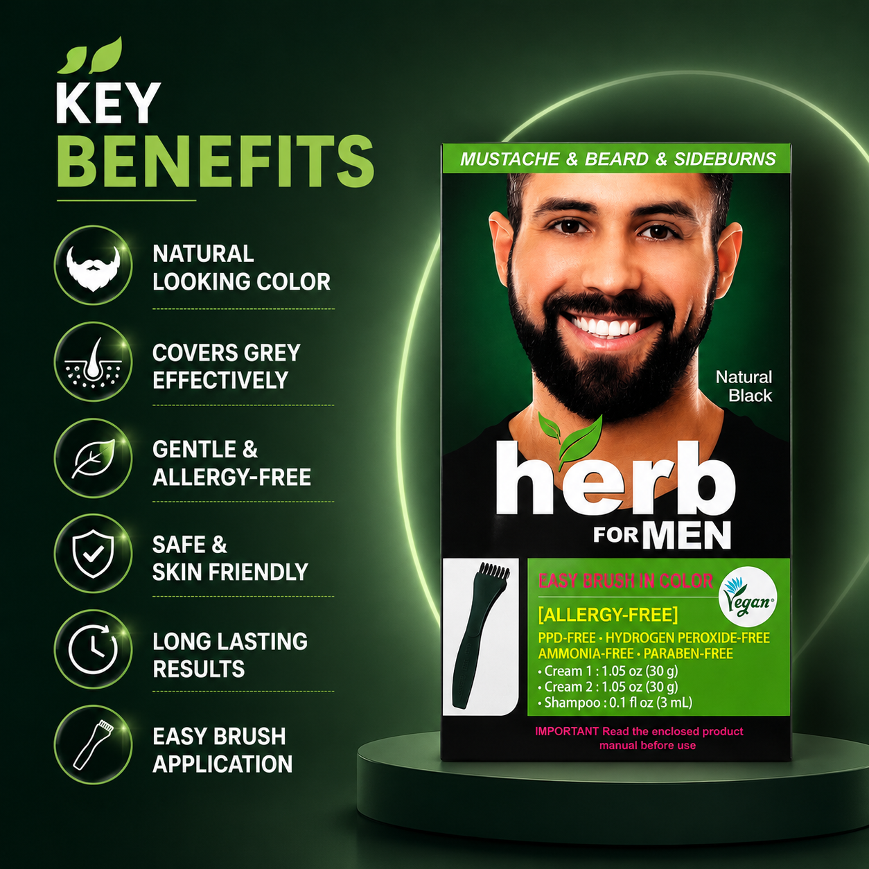 Herb For Men Easy Brush In Color Mustache & Beard & Sideburns Natural Black Beard Color Kit with natural grey hair coverage, 30g + 30g + 3mL.